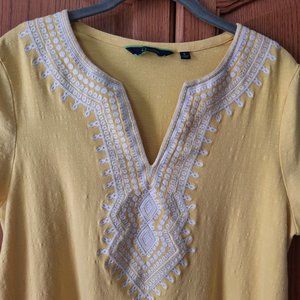 C Wonder Top Knit Cotton Yellow Embroidered V-Neck Short Sleeve Stretch Size-L